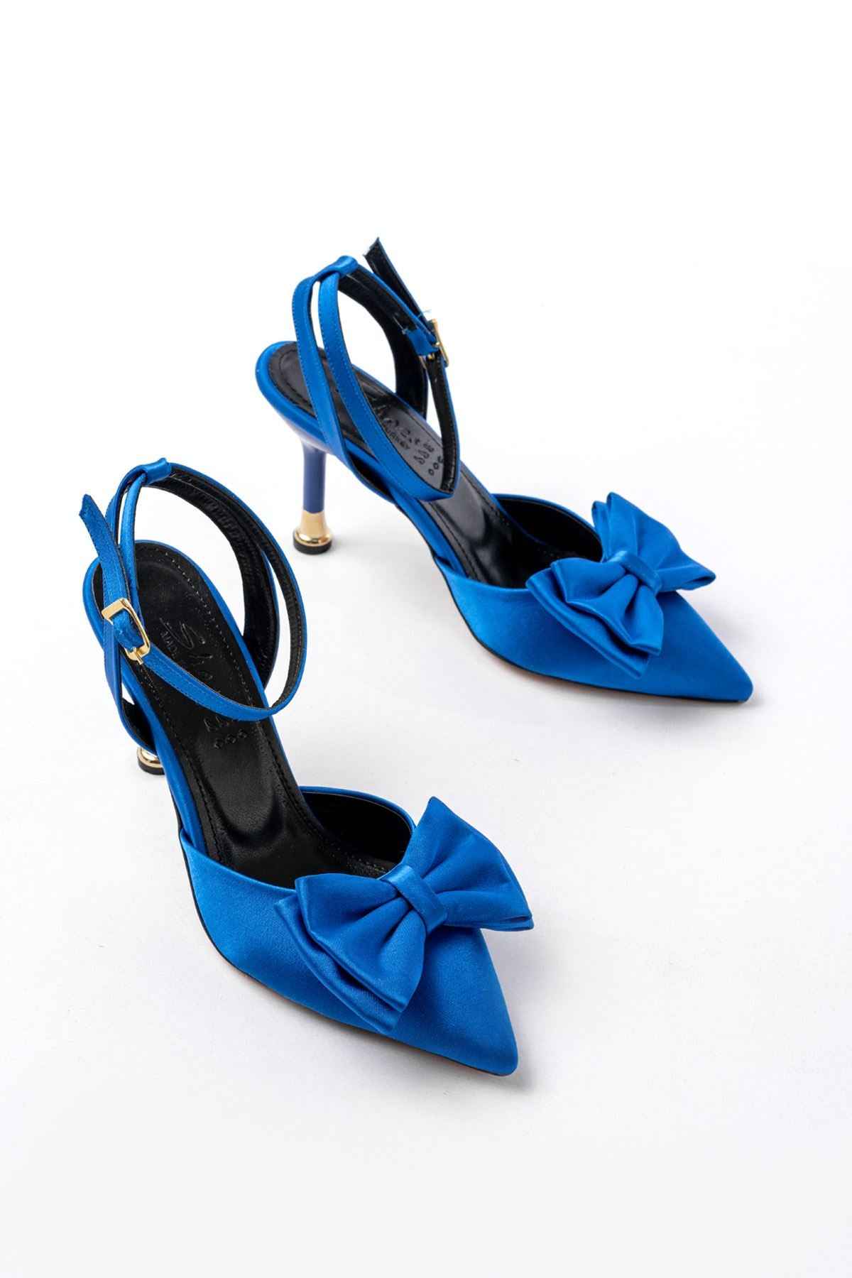 Ayakkabı Aşkı Inf-4505 Mavi Saten Günlük Arkası Açık Kurdele Detaylı Topuklu Bayan Ayakkabı