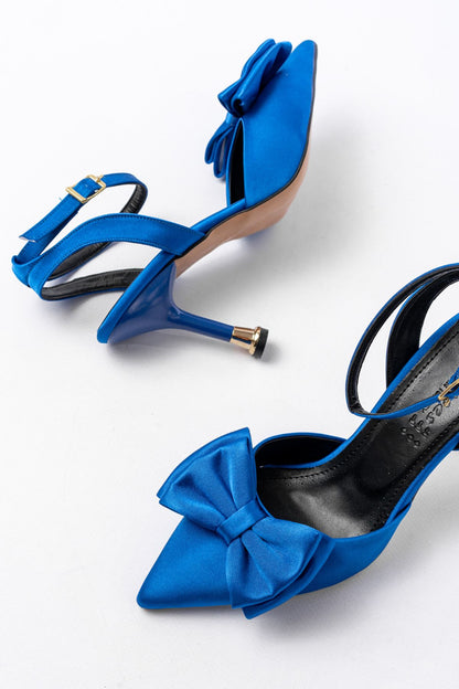 Ayakkabı Aşkı İNF-4505 Mavi Saten Günlük Arkası Açık Kurdele detaylı Topuklu Bayan Ayakkabı