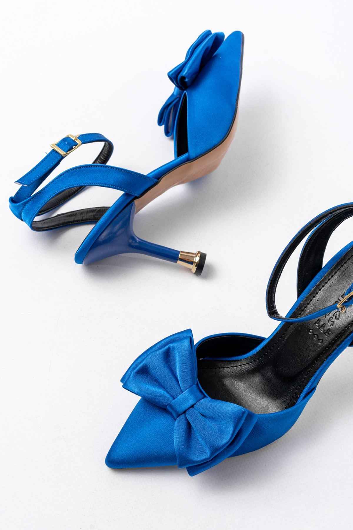 Ayakkabı Aşkı Inf-4505 Mavi Saten Günlük Arkası Açık Kurdele Detaylı Topuklu Bayan Ayakkabı