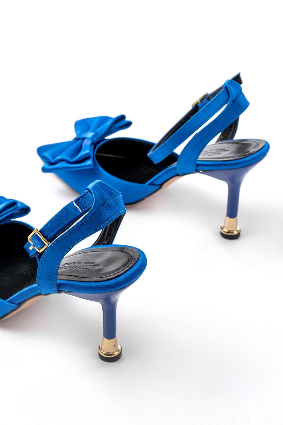 Ayakkabı Aşkı İNF-4505 Mavi Saten Günlük Arkası Açık Kurdele detaylı Topuklu Bayan Ayakkabı - Ayakkabı Aşkı