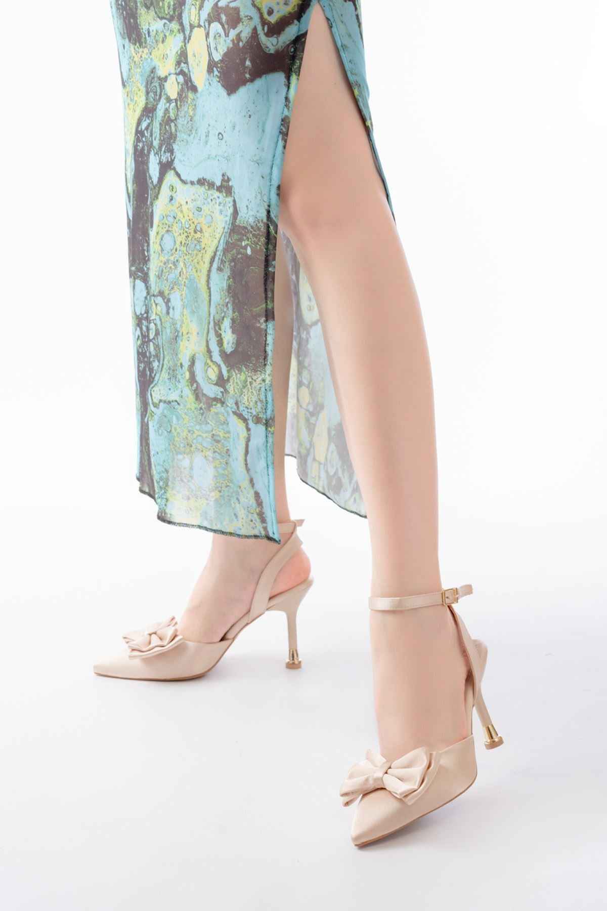 Ayakkabı Aşkı Inf-4505 Bej Saten Günlük Arkası Açık Kurdele Detaylı Topuklu Bayan Ayakkabı