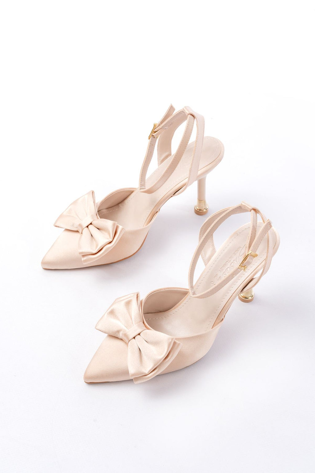 Ayakkabı Aşkı İNF-4505 Bej Saten Günlük Arkası Açık Kurdele detaylı Topuklu Bayan Ayakkabı - Ayakkabı Aşkı