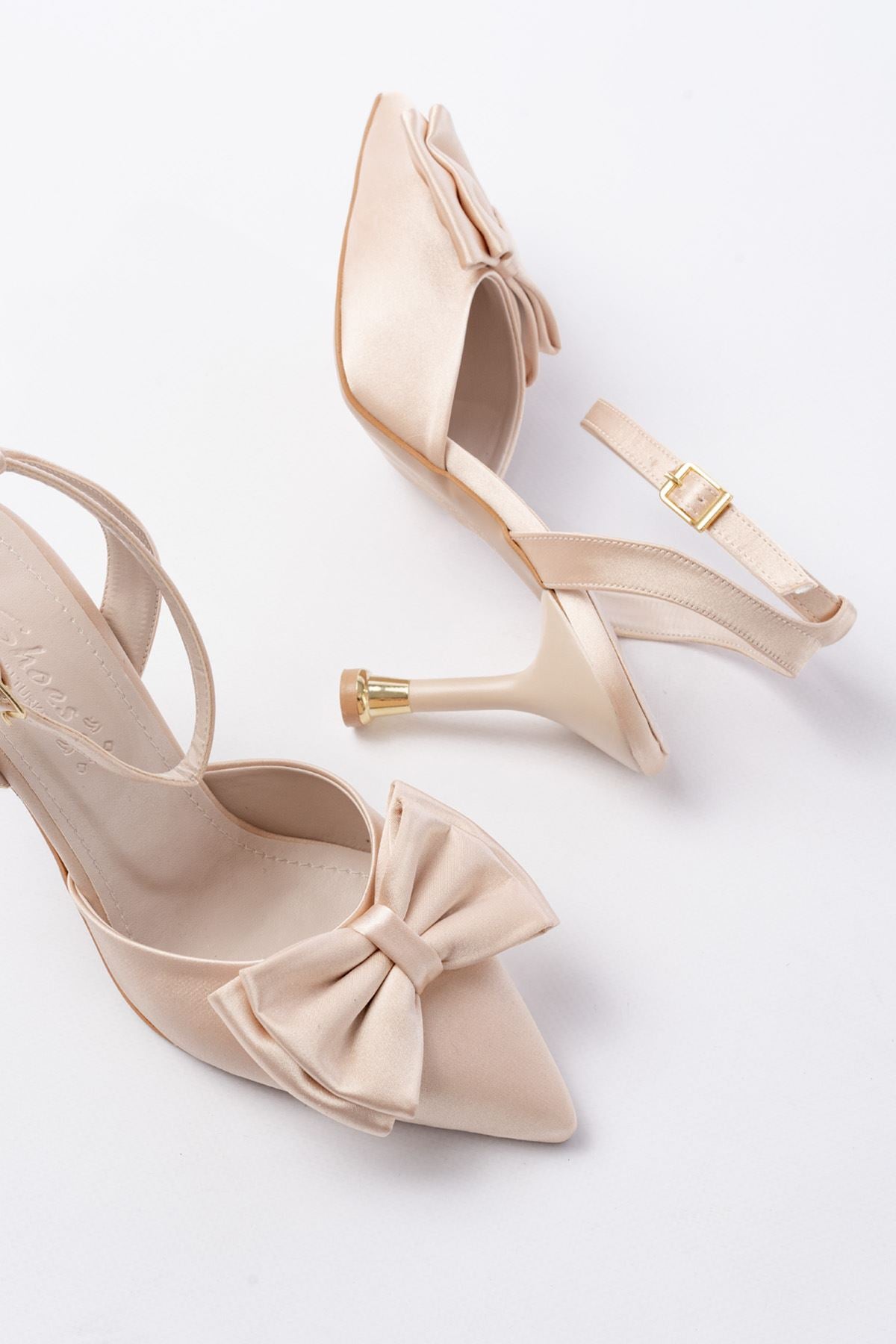 Ayakkabı Aşkı İNF-4505 Bej Saten Günlük Arkası Açık Kurdele detaylı Topuklu Bayan Ayakkabı - Ayakkabı Aşkı