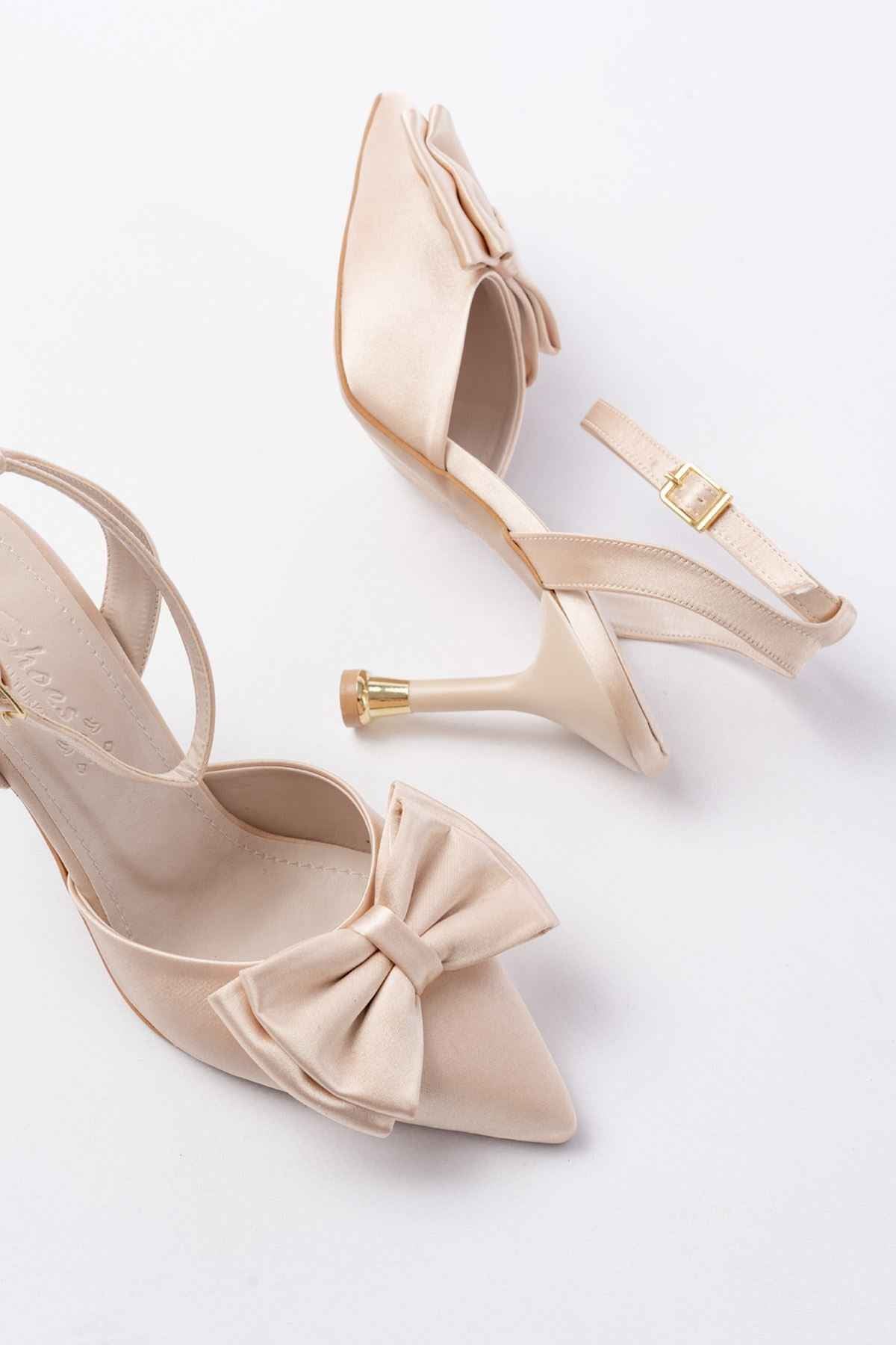 Ayakkabı Aşkı Inf-4505 Bej Saten Günlük Arkası Açık Kurdele Detaylı Topuklu Bayan Ayakkabı