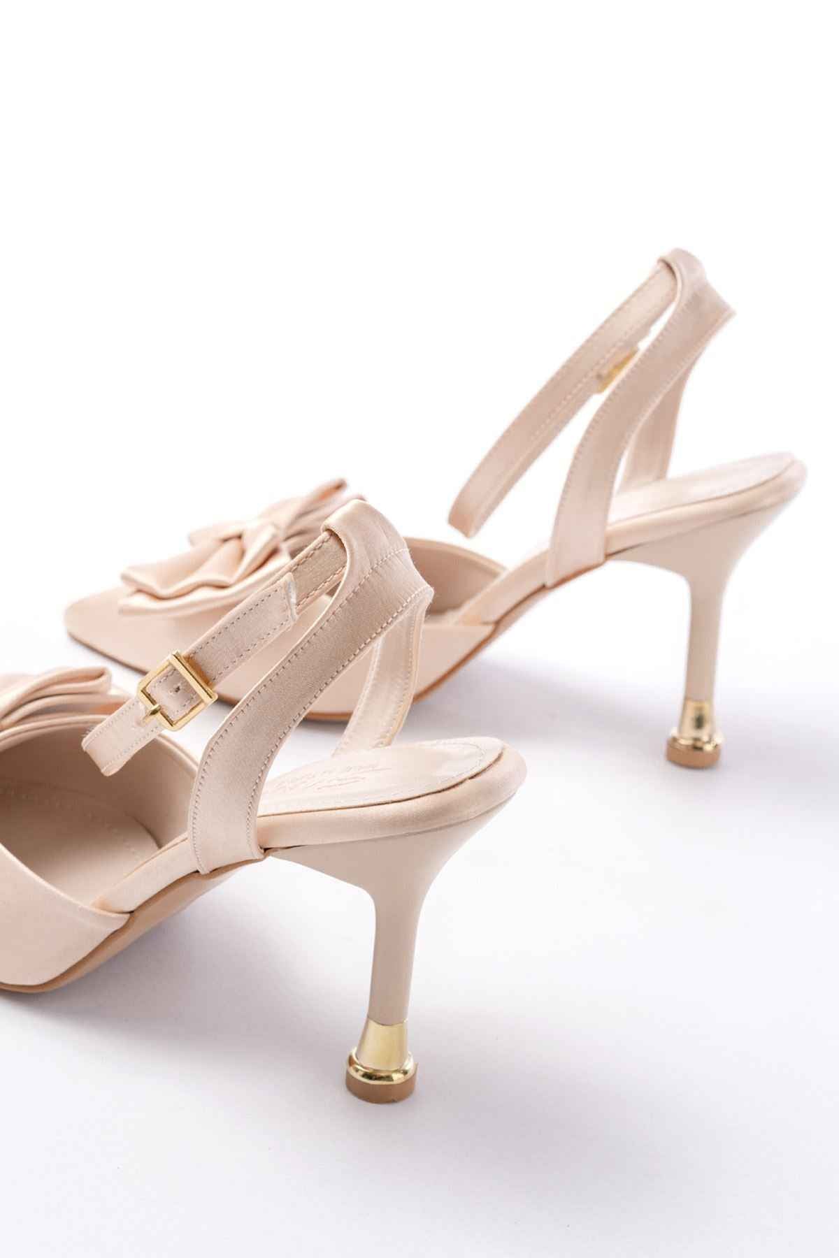 Ayakkabı Aşkı Inf-4505 Bej Saten Günlük Arkası Açık Kurdele Detaylı Topuklu Bayan Ayakkabı