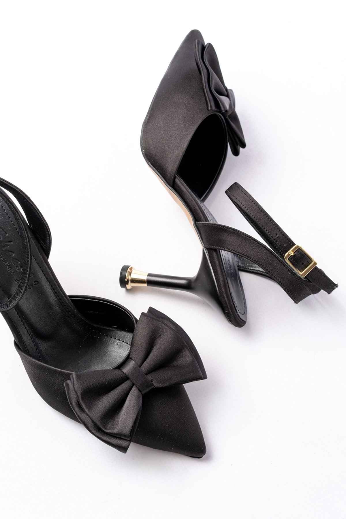 Ayakkabı Aşkı Inf-4505 Siyah Saten Günlük Arkası Açık Kurdele Detaylı Topuklu Bayan Ayakkabı