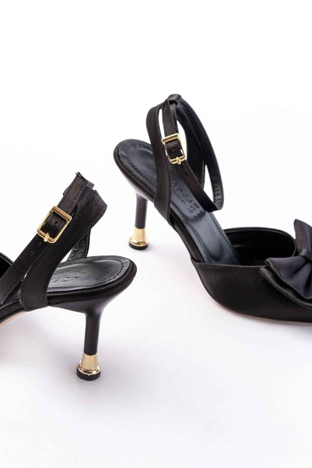 Ayakkabı Aşkı Inf-4505 Siyah Saten Günlük Arkası Açık Kurdele Detaylı Topuklu Bayan Ayakkabı
