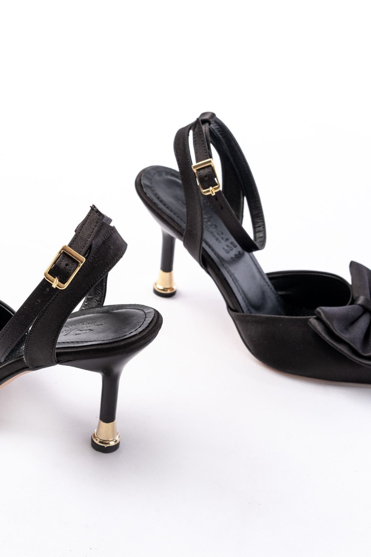 Ayakkabı Aşkı İNF-4505 Siyah Saten Günlük Arkası Açık Kurdele detaylı Topuklu Bayan Ayakkabı - Ayakkabı Aşkı