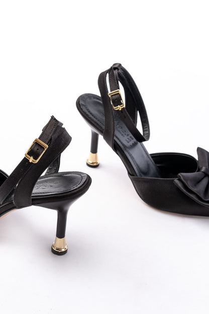 Ayakkabı Aşkı İNF-4505 Siyah Saten Günlük Arkası Açık Kurdele detaylı Topuklu Bayan Ayakkabı