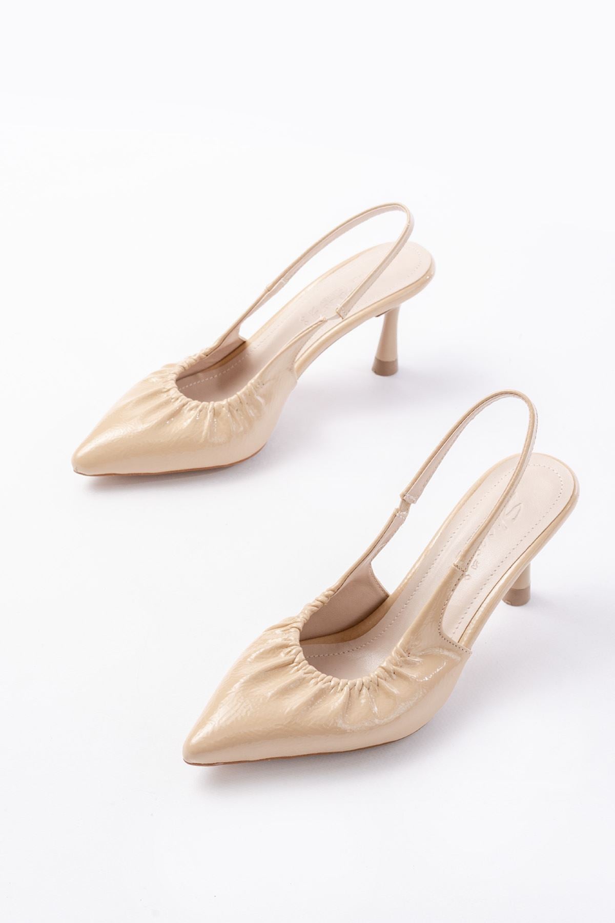 Ayakkabı Aşkı İNF-40451 Bej Kırışık Rugan Günlük Arkası Açık Topuklu Bayan Ayakkabı - Ayakkabı Aşkı