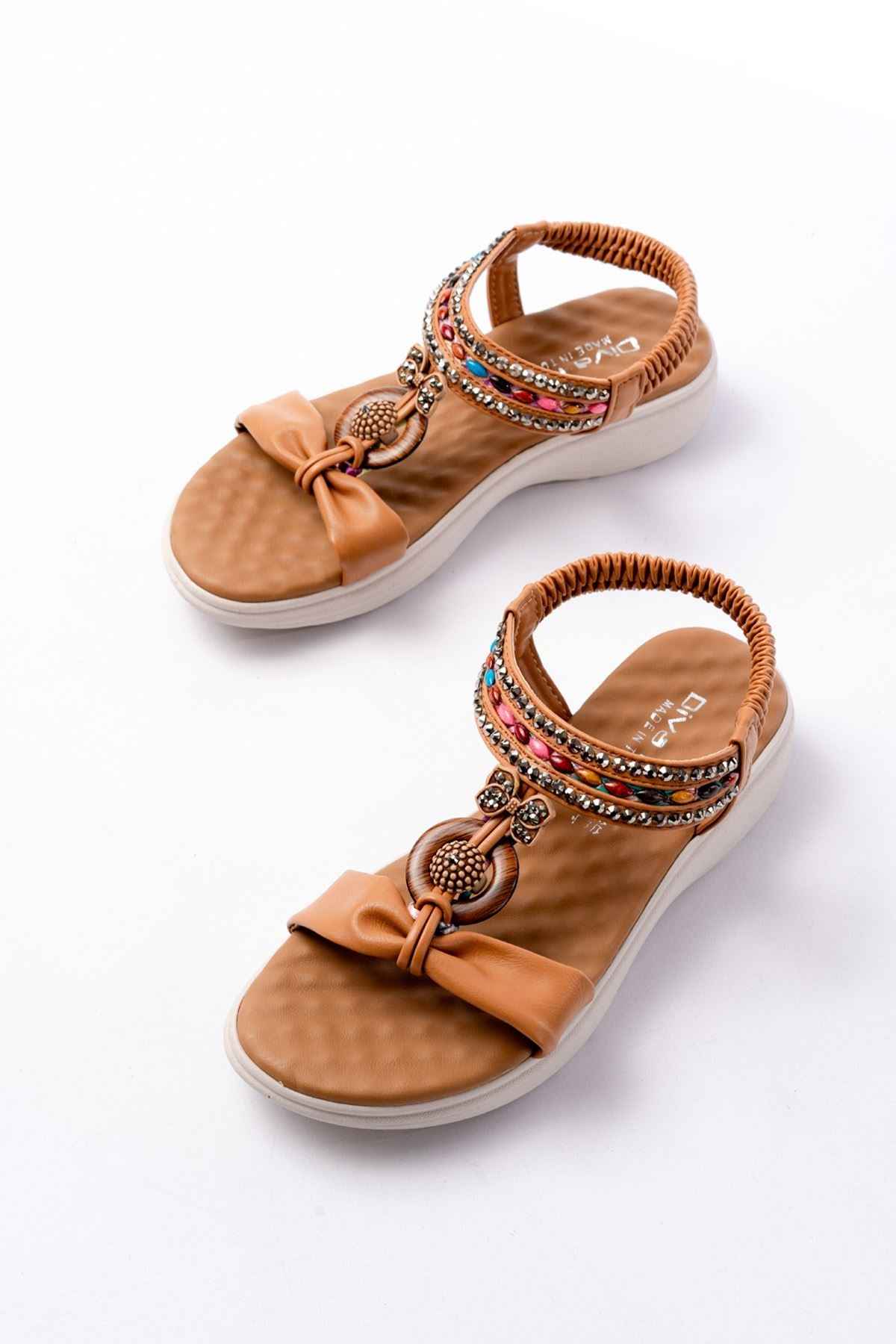 Ayakkabı Aşkı Dm-608 Taba Taşlı Arka Lastikli Günlük Kadın Sandalet