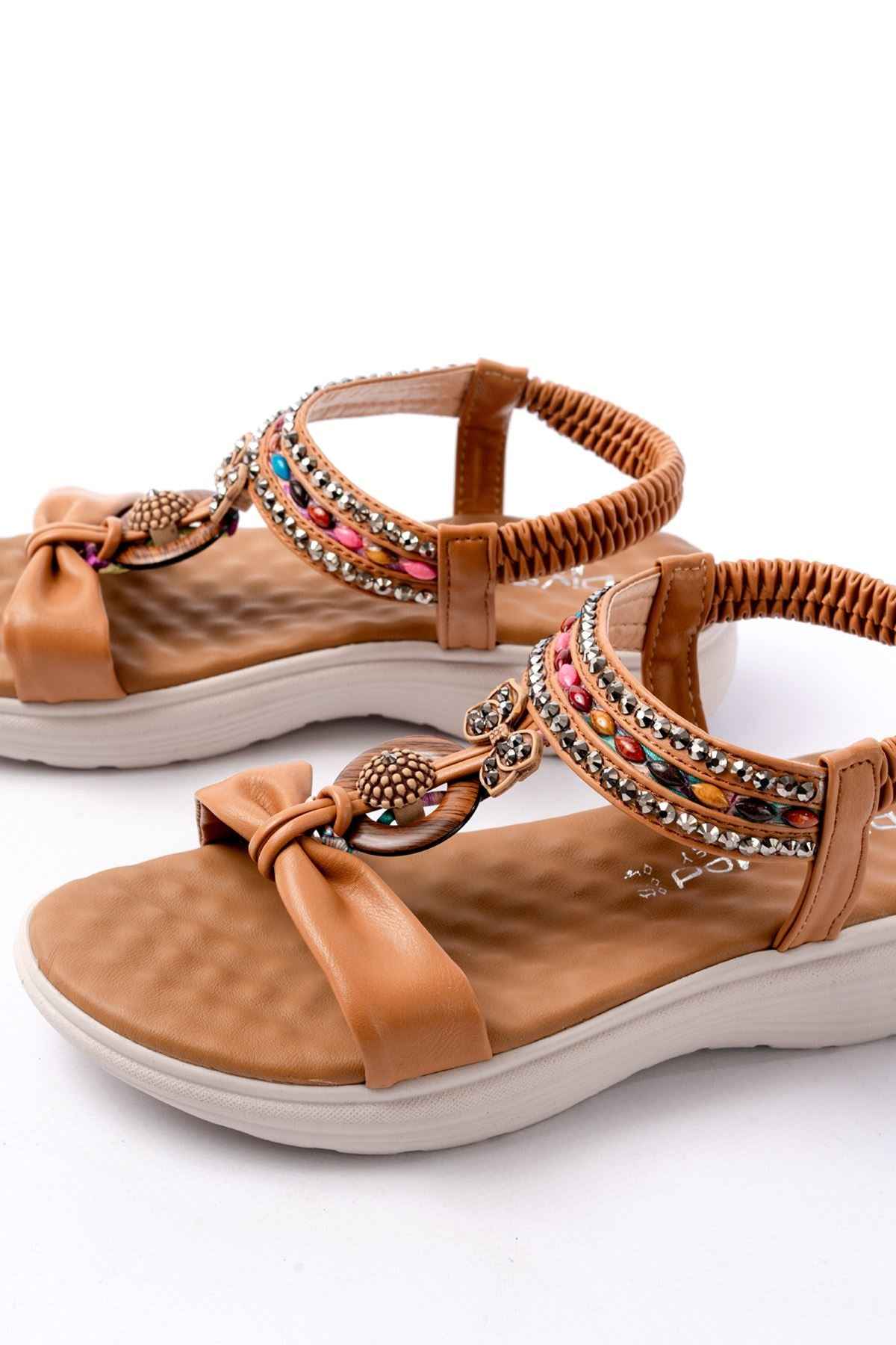 Ayakkabı Aşkı Dm-608 Taba Taşlı Arka Lastikli Günlük Kadın Sandalet