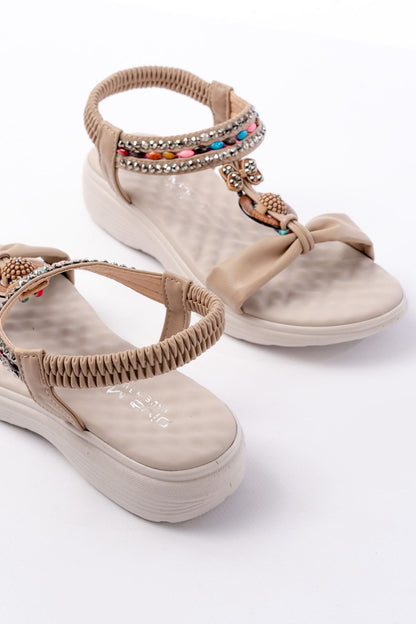 Ayakkabı Aşkı Bej Taşlı Arka Lastikli Günlük Kadın Sandalet