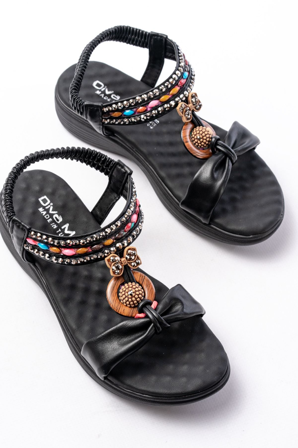 Ayakkabı Aşkı Siyah Taşlı Arka Lastikli Günlük Kadın Sandalet