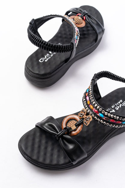 Ayakkabı Aşkı Siyah Taşlı Arka Lastikli Günlük Kadın Sandalet