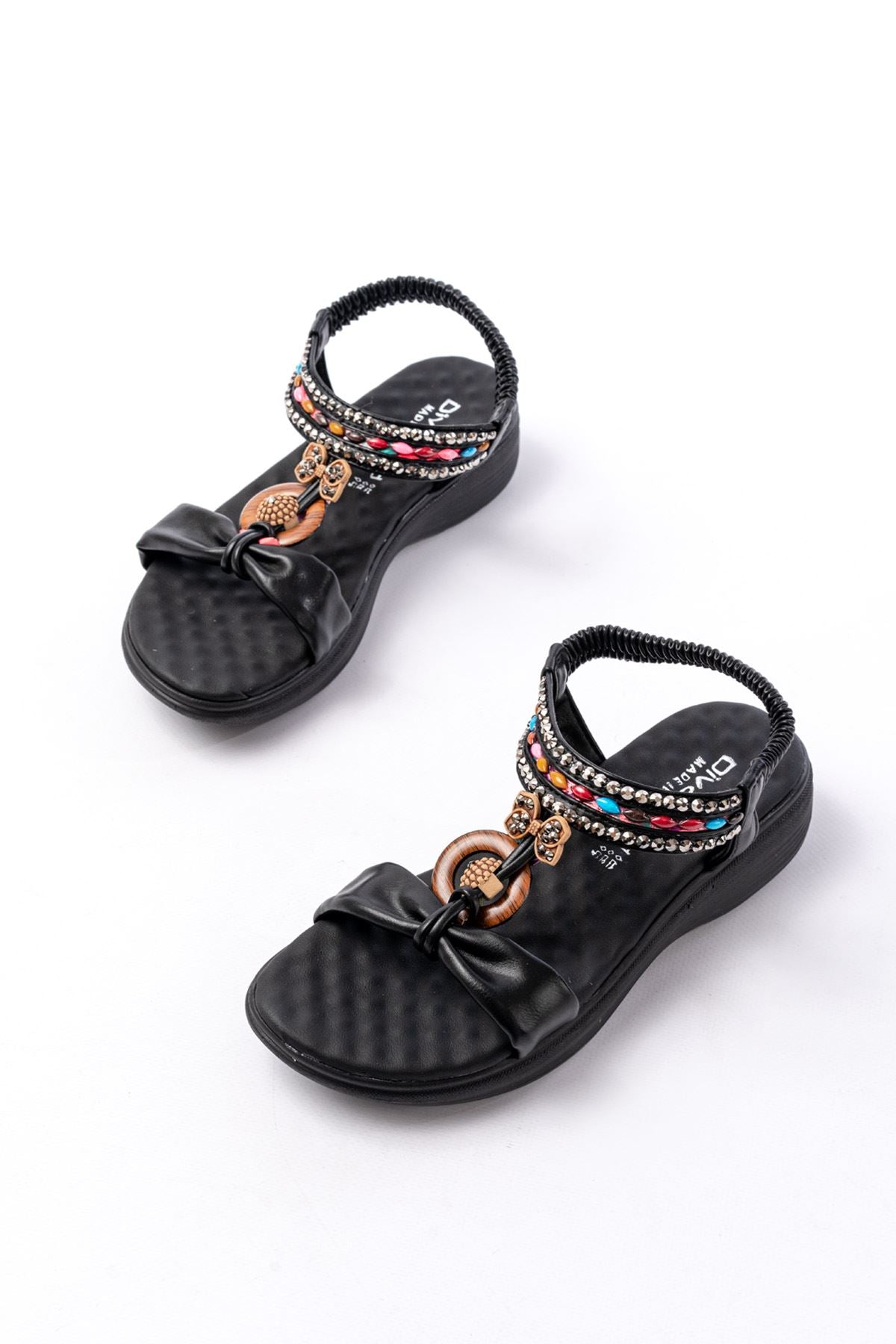 Ayakkabı Aşkı Siyah Taşlı Arka Lastikli Günlük Kadın Sandalet
