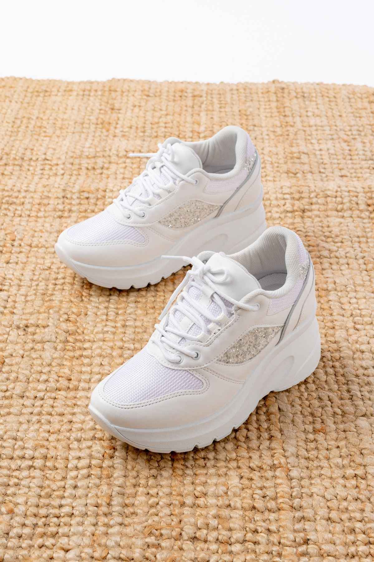 Ayakkabı Aşkı F-185 Beyaz Günlük Bağcıklı Taş Aksesuarlı Yazlık Spor Ayakkabı