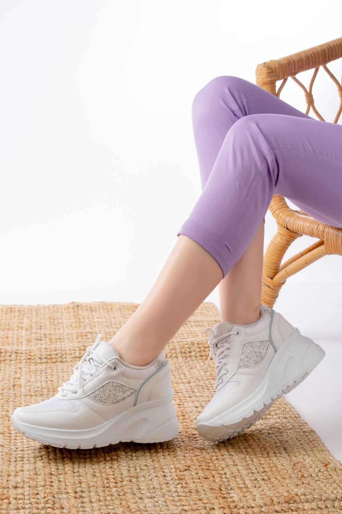 Ayakkabı Aşkı F-185 Beyaz Günlük Bağcıklı Taş Aksesuarlı Yazlık Spor Ayakkabı