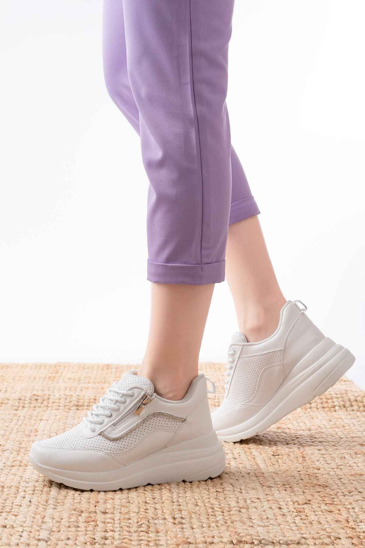 Ayakkabı Aşkı F-207 Beyaz Bağcıklı Fermuarlı Taş Aksesuarlı Mevsimlik Spor Ayakkabı