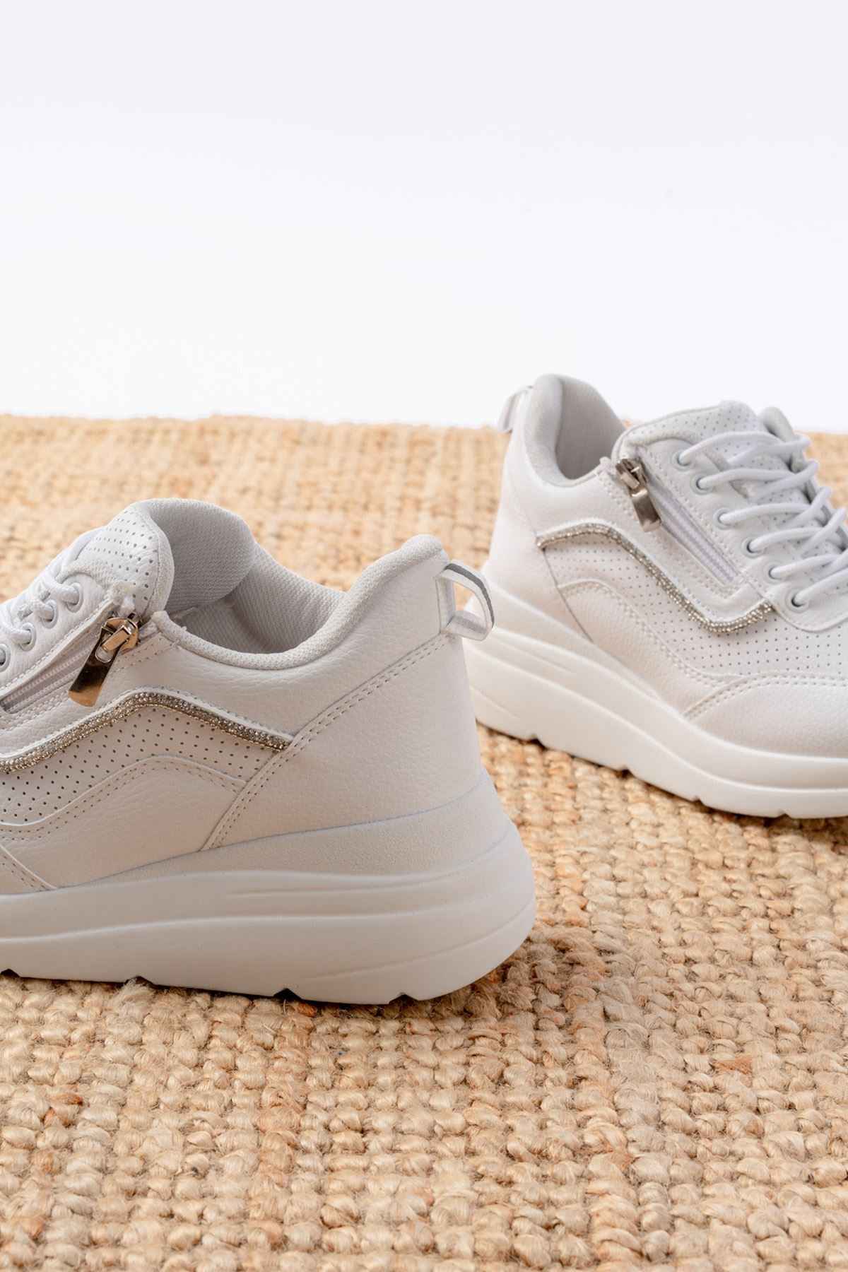 Ayakkabı Aşkı F-207 Beyaz Bağcıklı Fermuarlı Taş Aksesuarlı Mevsimlik Spor Ayakkabı