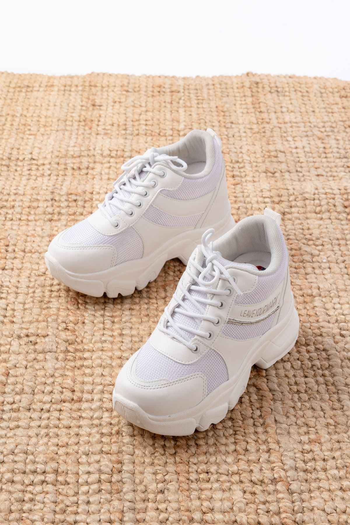 Ayakkabı Aşkı F-209 Beyaz Bağcıklı Fileli Taş Aksesuarlı Günlük Spor Ayakkabı