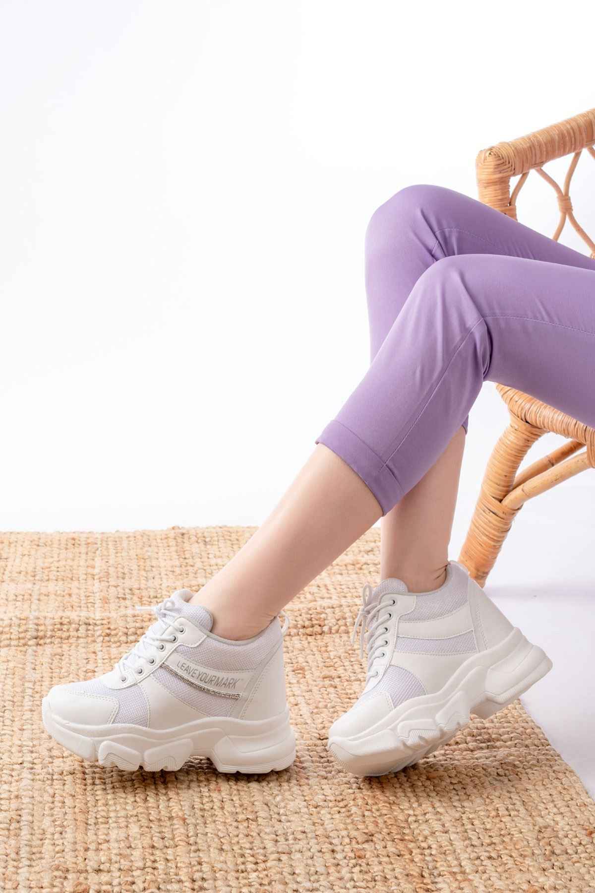 Ayakkabı Aşkı F-209 Beyaz Bağcıklı Fileli Taş Aksesuarlı Günlük Spor Ayakkabı