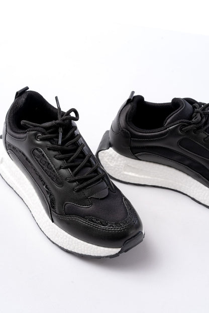 Ayakkabı Aşkı Siyah Bağcıklı Saten Taş Aksesuarlı Günlük Spor Ayakkabı
