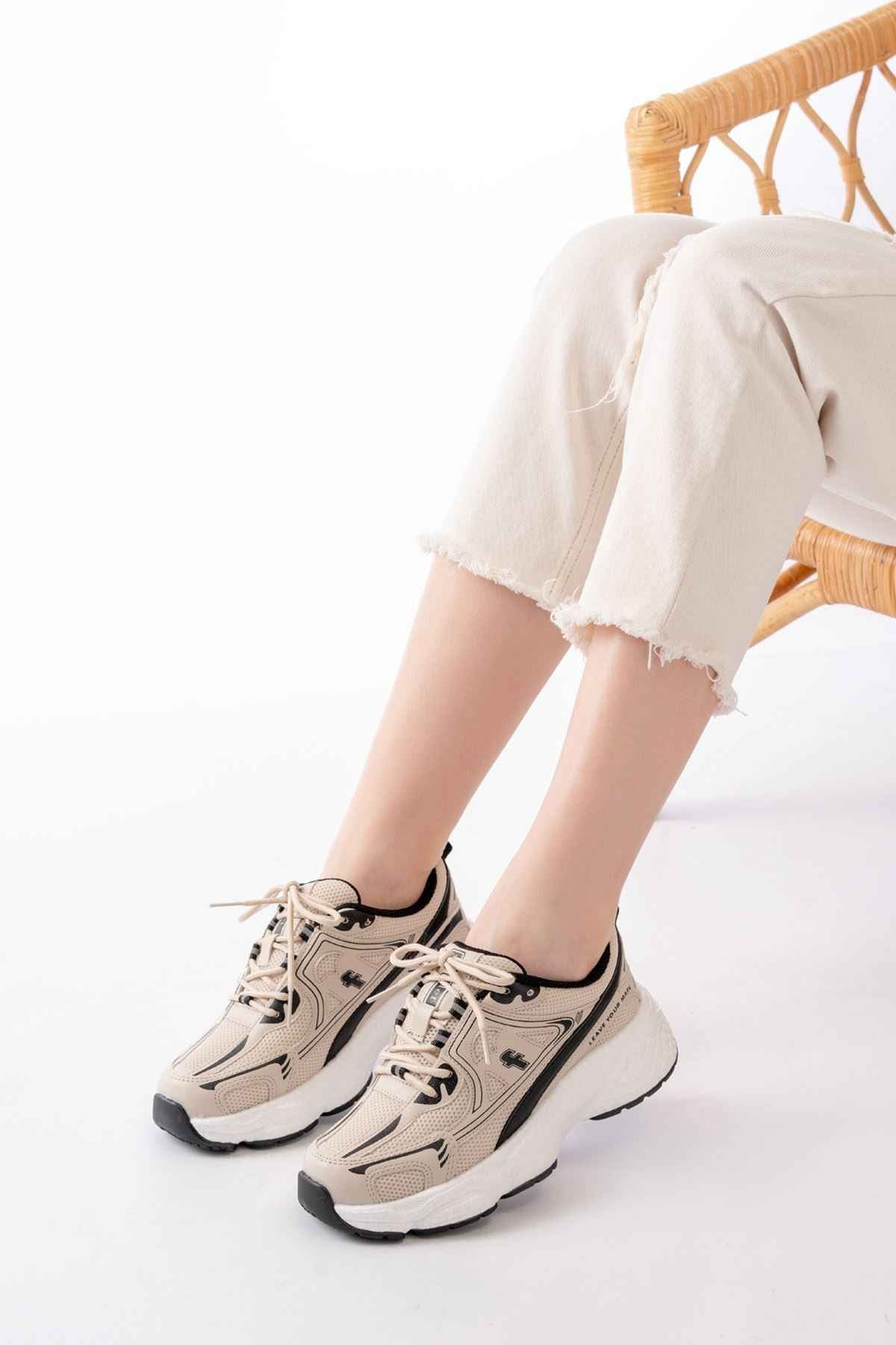 Ayakkabı Aşkı F-329 Bej Günlük Bağcıklı Siyah Desenli Yazlık Spor Ayakkabı