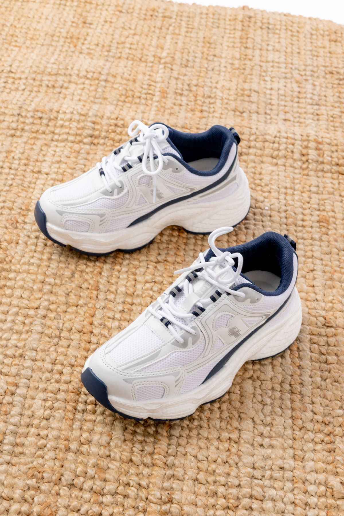 Ayakkabı Aşkı F-329 Beyaz Günlük Bağcıklı Lacivert Desenli Yazlık Spor Ayakkabı