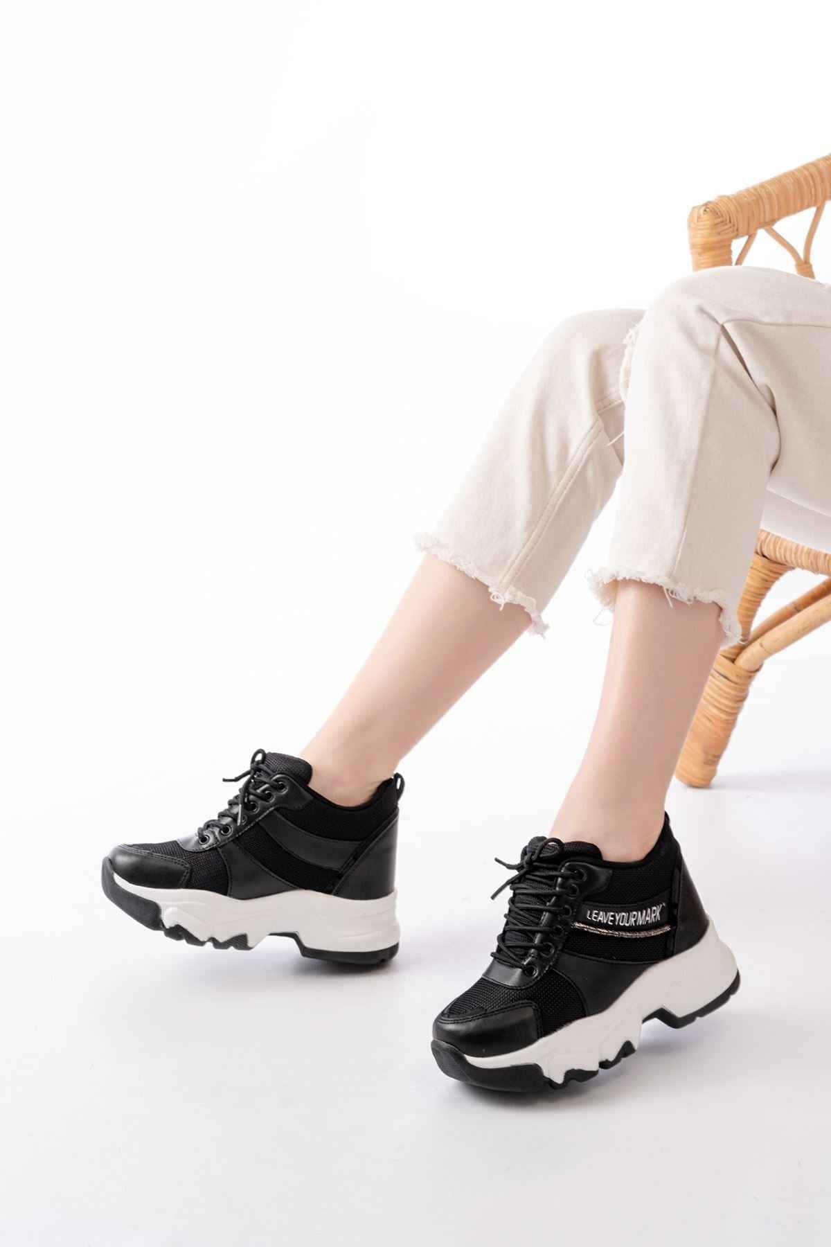 Ayakkabı Aşkı F-209 Siyah Bağcıklı Fileli Taş Aksesuarlı Günlük Spor Ayakkabı