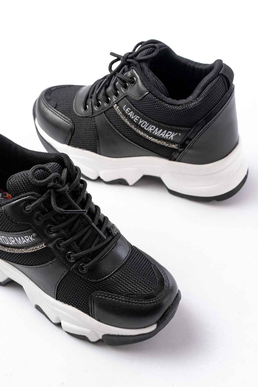 Ayakkabı Aşkı F-209 Siyah Bağcıklı Fileli Taş Aksesuarlı Günlük Spor Ayakkabı