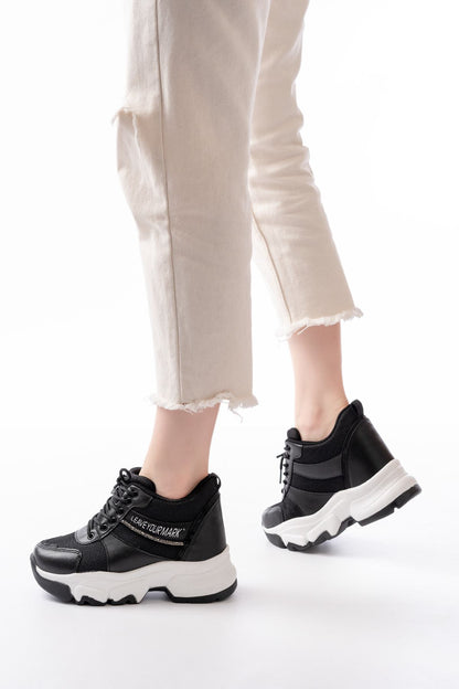 Ayakkabı Aşkı Siyah Bağcıklı Fileli Taş Aksesuarlı Günlük Spor Ayakkabı