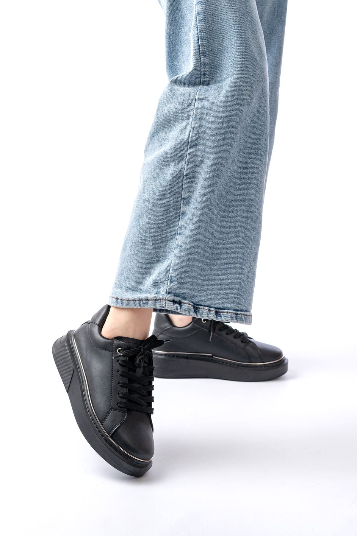 Ayakkabı Aşkı Siyah Platin Bağcıklı Dikişli Günlük Spor Ayakkabı