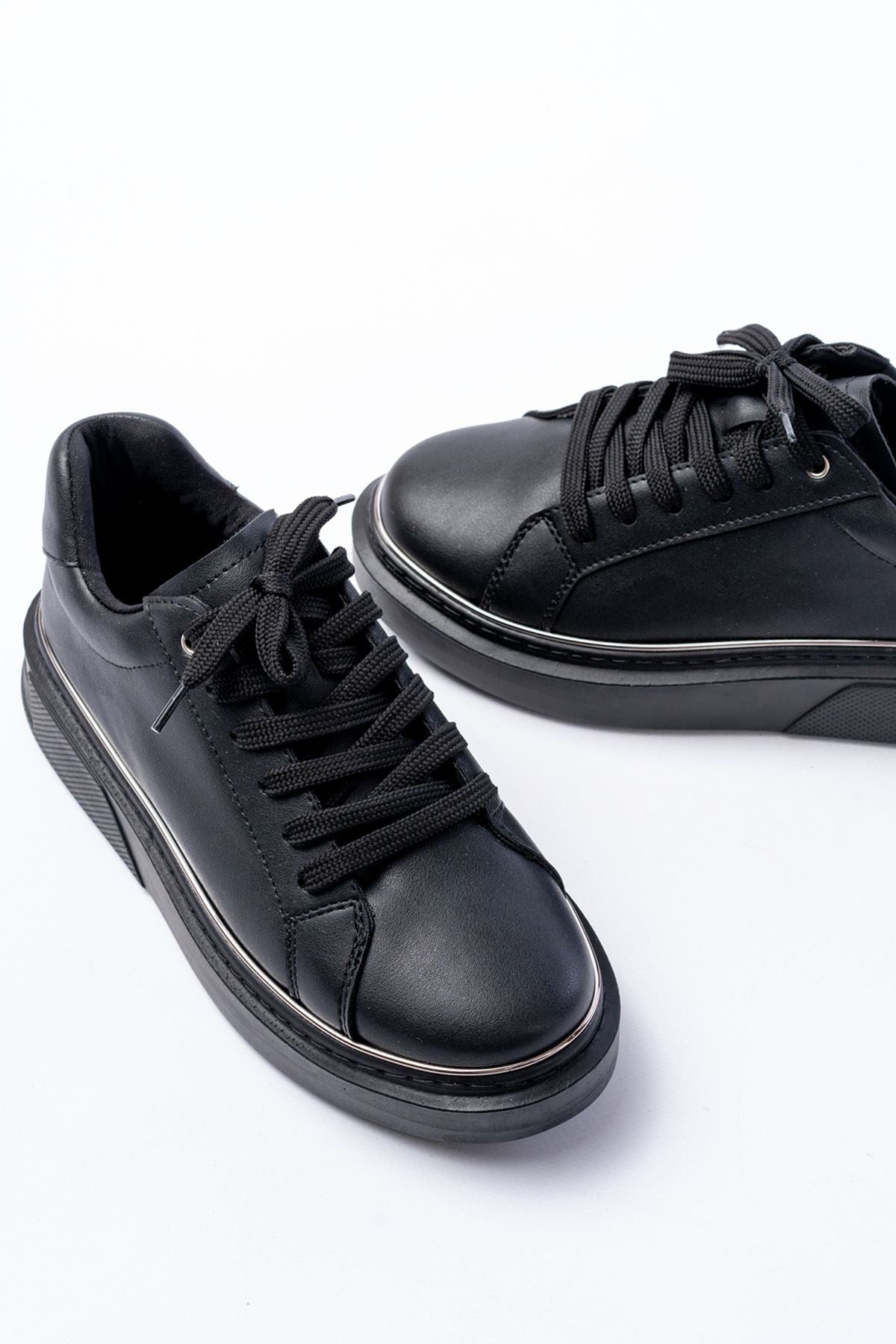 Ayakkabı Aşkı Siyah Platin Bağcıklı Dikişli Günlük Spor Ayakkabı