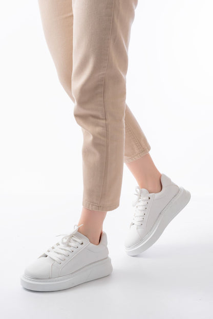 RS-2435 Beyaz Gümüş Bağcıklı Dikişli Günlük Spor Ayakkabı - Beyaz