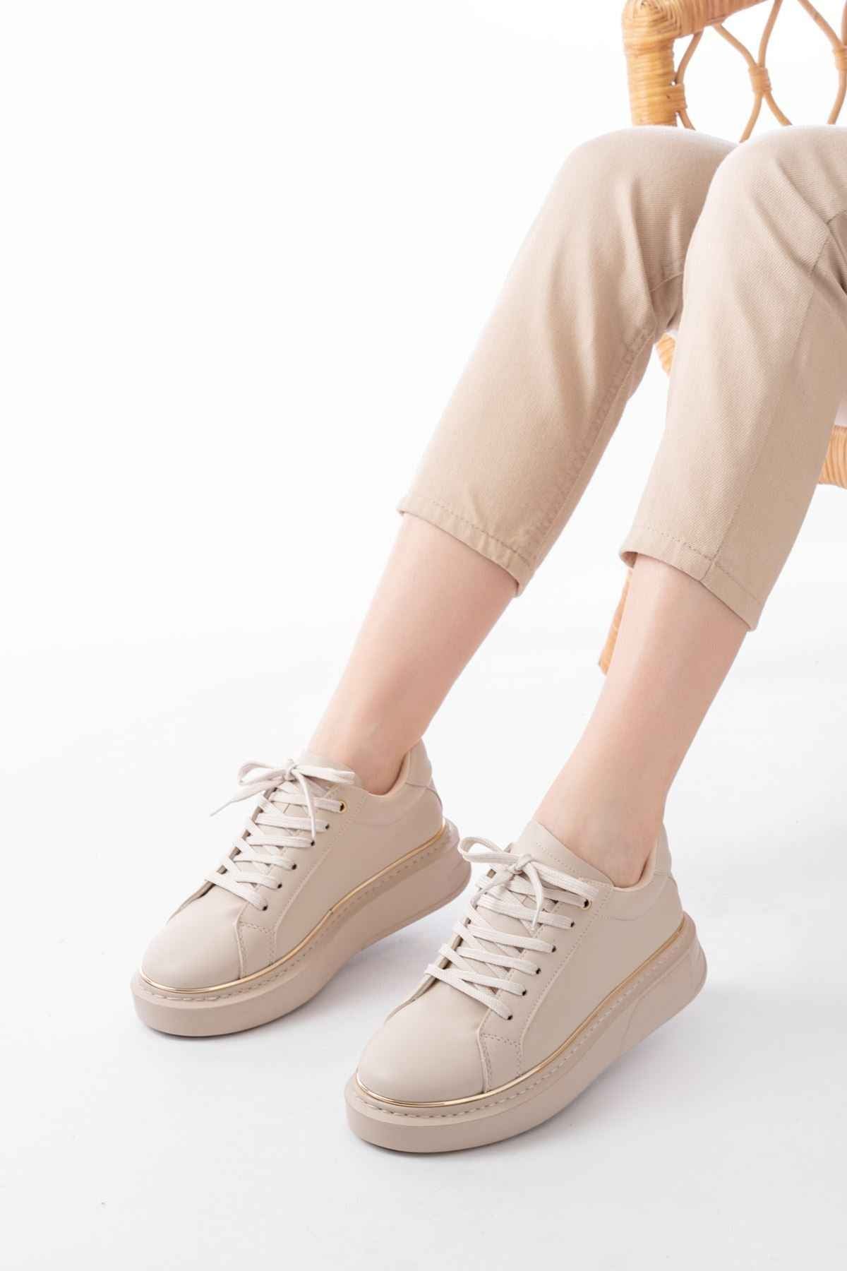 Ayakkabı Aşkı Rs-2435 Bej Roze Bağcıklı Dikişli Günlük Spor Ayakkabı