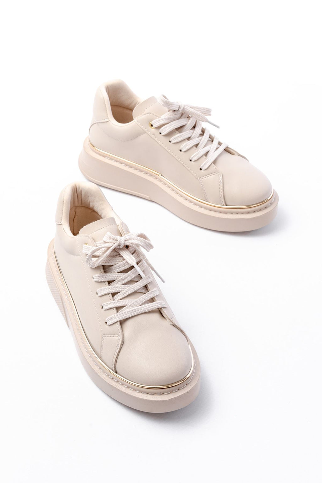 Ayakkabı Aşkı Bej Roze Bağcıklı Dikişli Günlük Spor Ayakkabı - Ayakkabı Aşkı