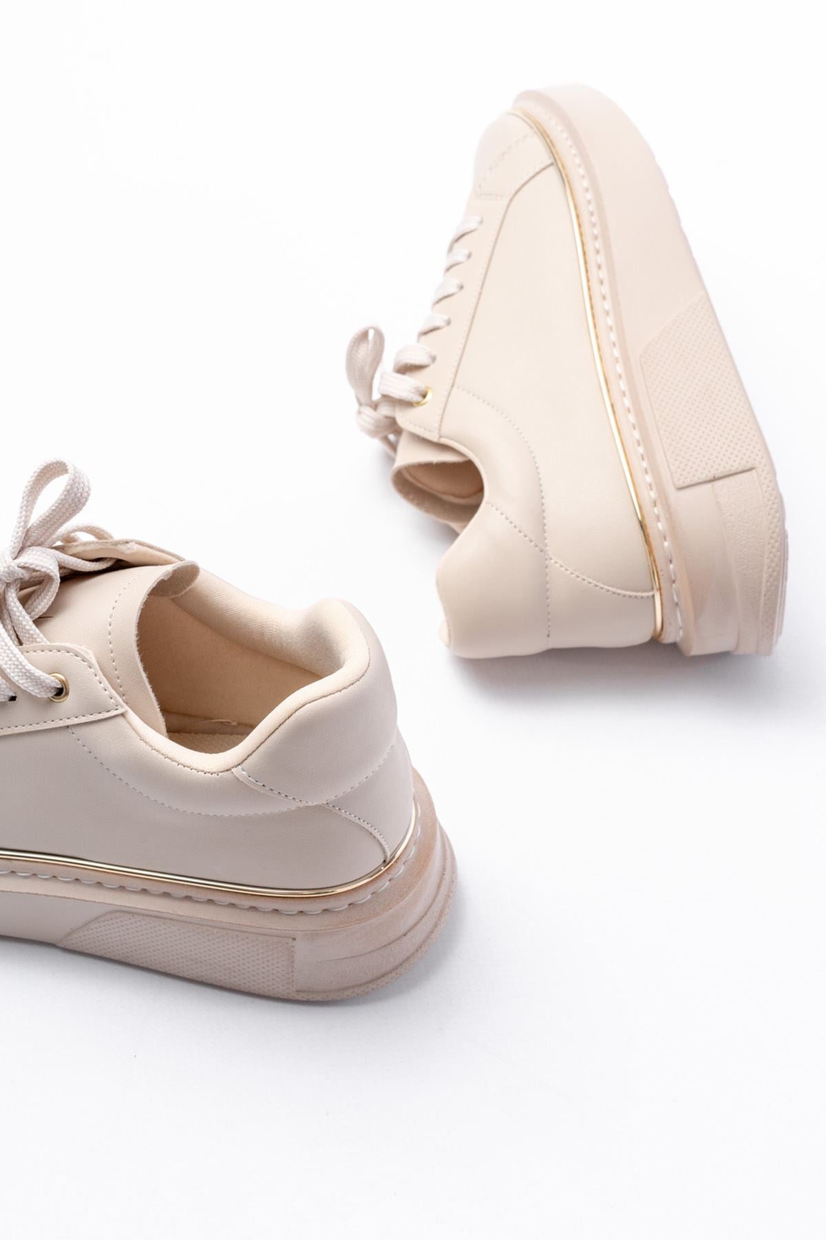 Ayakkabı Aşkı Bej Roze Bağcıklı Dikişli Günlük Spor Ayakkabı