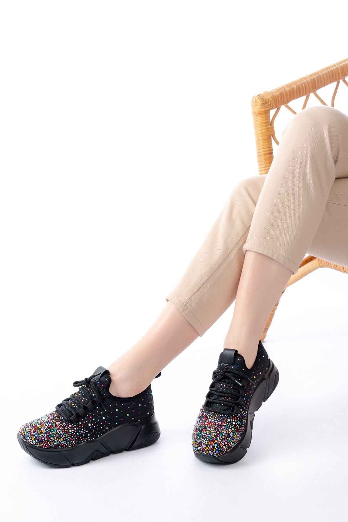 Ayakkabı Aşkı Rs-403 Siyah Bağcıklı Fileli Multi Taşlı Günlük Kadın Spor