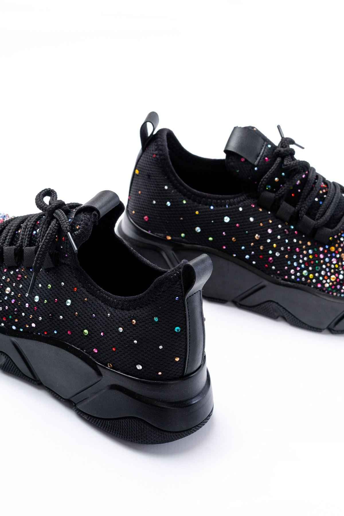Ayakkabı Aşkı Rs-403 Siyah Bağcıklı Fileli Multi Taşlı Günlük Kadın Spor