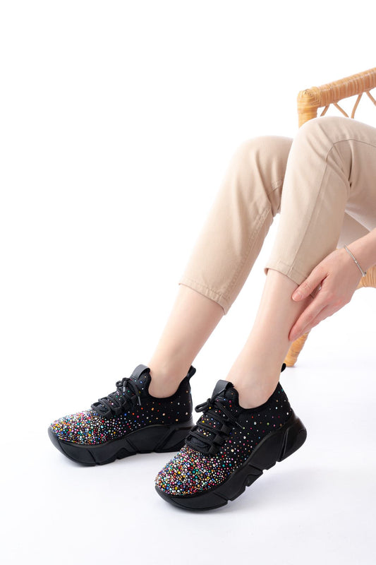 Ayakkabı Aşkı Siyah Bağcıklı Fileli Multi Taşlı Günlük Kadın Spor
