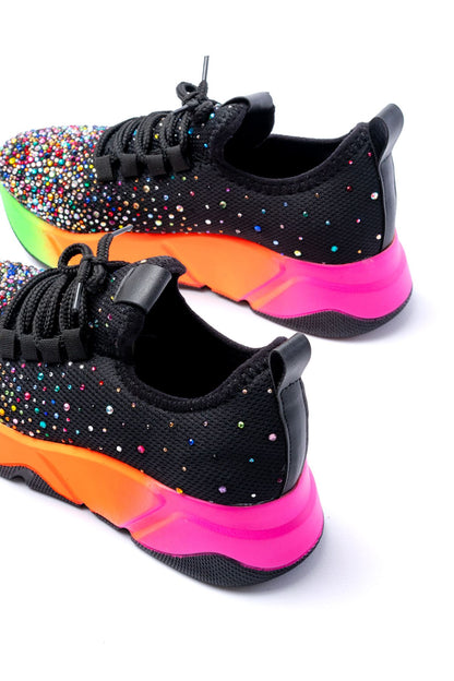 Ayakkabı Aşkı Siyah Bağcıklı Fileli Multi Taşlı Renkli Taban Günlük Kadın Spor