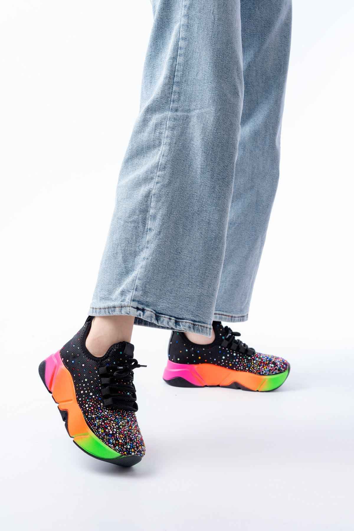 Ayakkabı Aşkı Rs-403  Siyah Bağcıklı Fileli Multi Taşlı Renkli Taban Günlük Kadın Spor