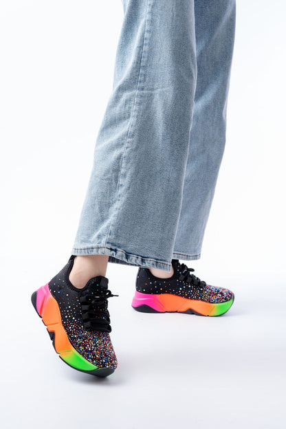 RS-403  Siyah Bağcıklı Fileli Multi Taşlı Renkli Taban Günlük Kadın Spor - Multi