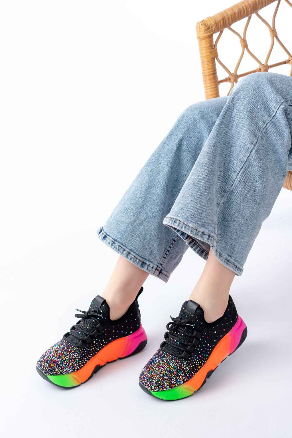 Ayakkabı Aşkı Rs-403  Siyah Bağcıklı Fileli Multi Taşlı Renkli Taban Günlük Kadın Spor
