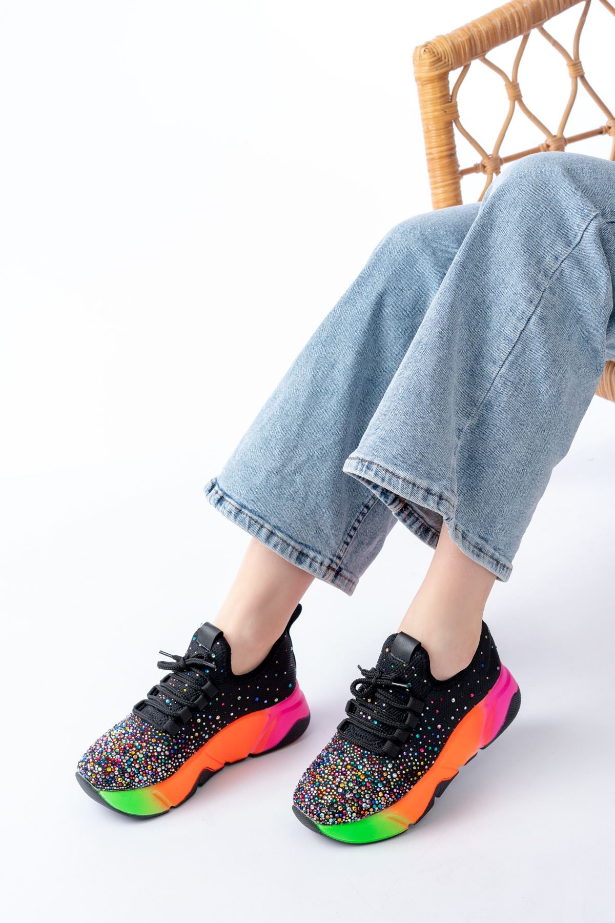 Ayakkabı Aşkı Siyah Bağcıklı Fileli Multi Taşlı Renkli Taban Günlük Kadın Spor - Ayakkabı Aşkı