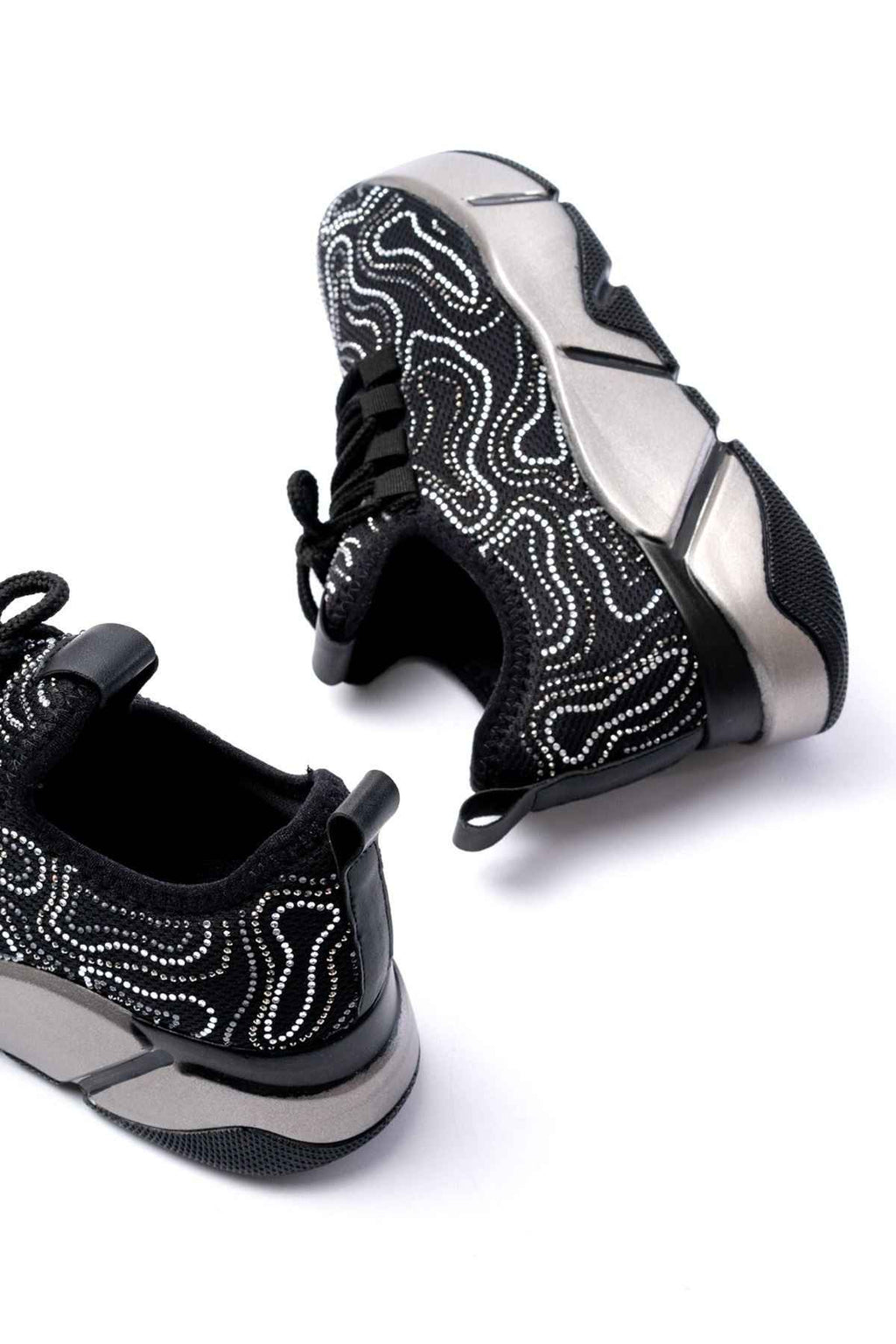 Ayakkabı Aşkı Rs-402 Siyah Bağcıklı Fileli Taşlı Platin Taban Günlük Kadın Spor