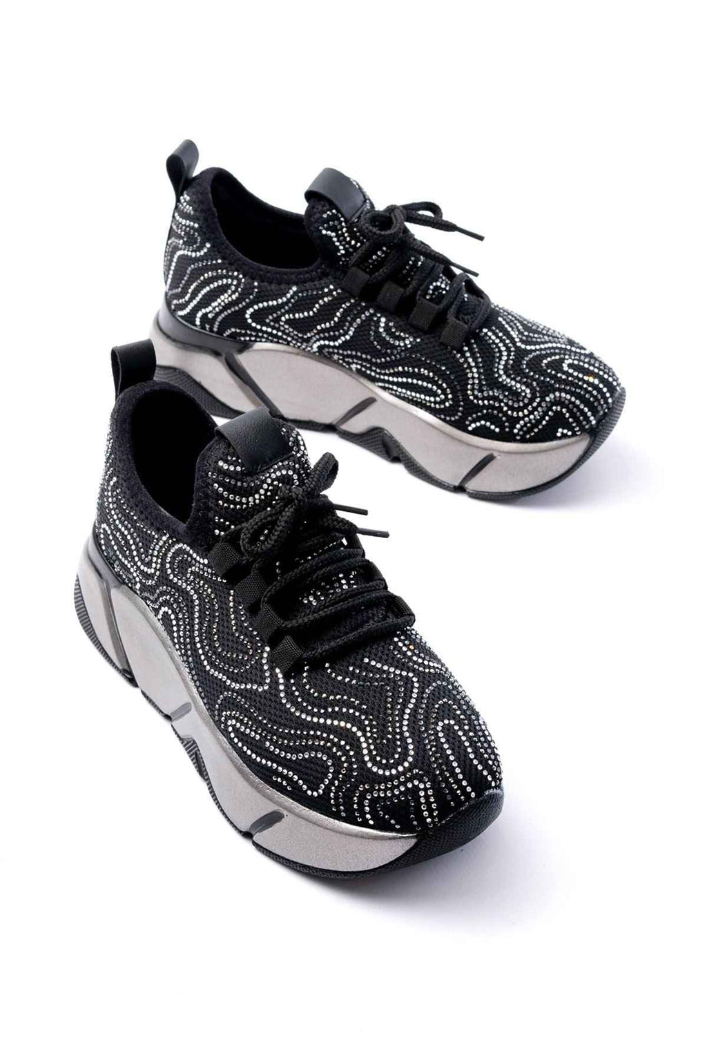 Ayakkabı Aşkı Rs-402 Siyah Bağcıklı Fileli Taşlı Platin Taban Günlük Kadın Spor