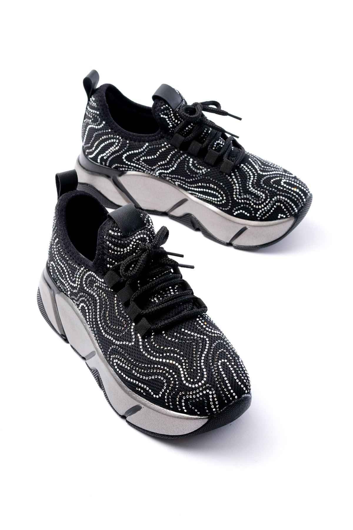 Ayakkabı Aşkı Rs-402 Siyah Bağcıklı Fileli Taşlı Platin Taban Günlük Kadın Spor