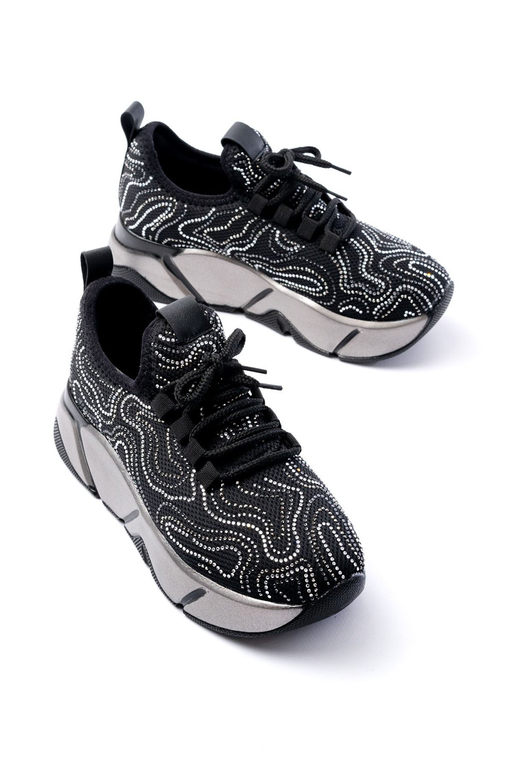 Ayakkabı Aşkı Siyah Bağcıklı Fileli Taşlı Platin Taban Günlük Kadın Spor
